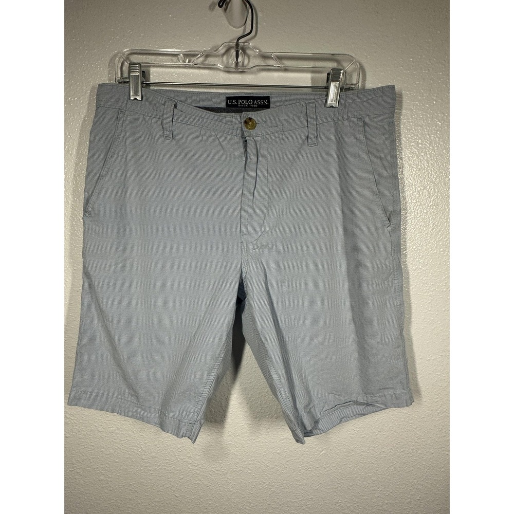 U.S. Polo Assn Shorts Mens 34 Light Blue Striped Chino Flat Front USPA Casual